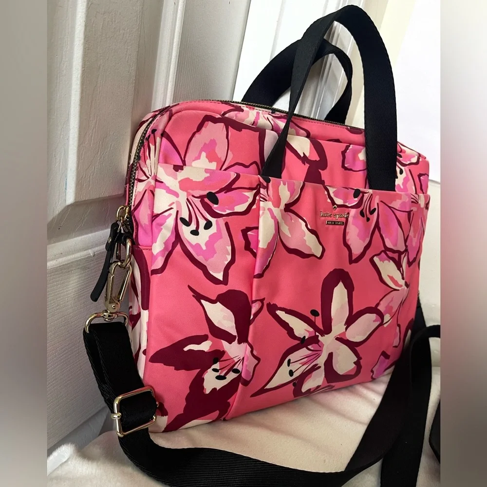 kate spade Pink Floral Laptop Bag with Storybook Lining EUC